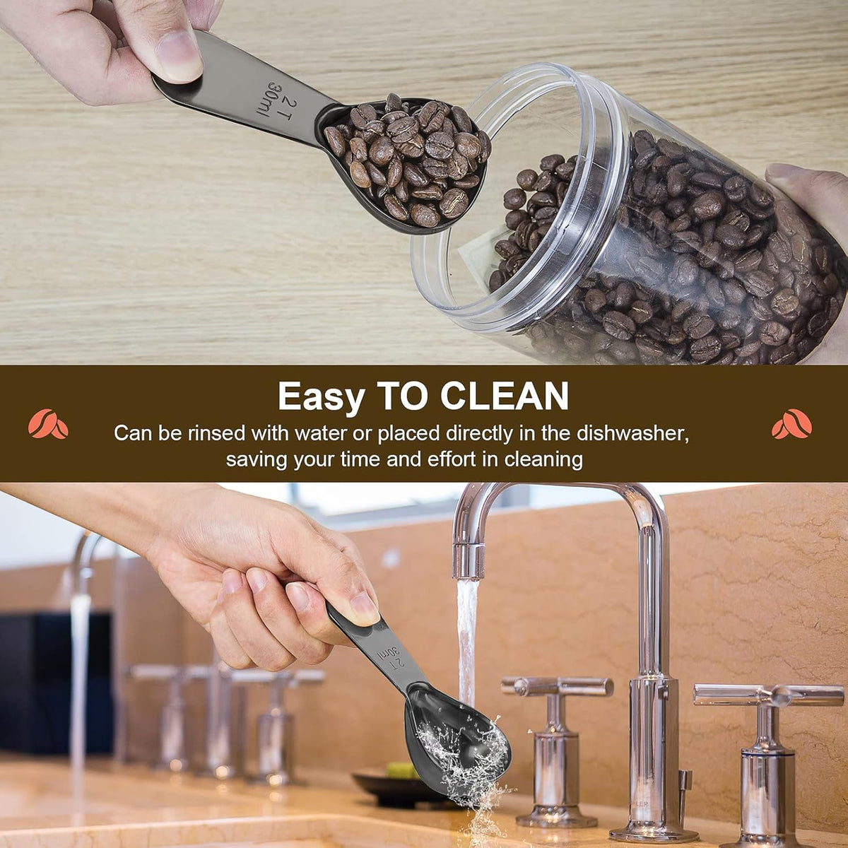 Stainless steel coffee scoop 2-piece set (1 tbsp, 2 tbsp) durable Tablespoon, ergonomic measuring spoon