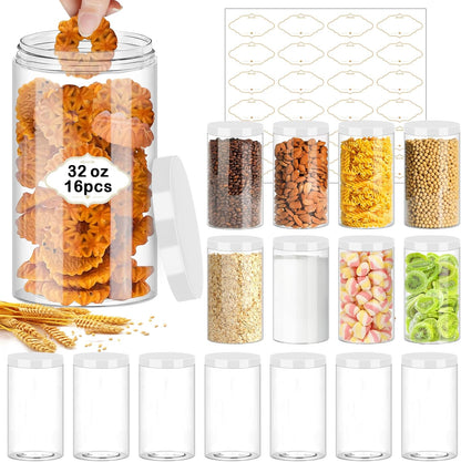 32 OZ Plastic Jars,16 Pcs Clear Plastic Jars with White Lids Round Empty Storage Jar Wide Mouth Refillable Storage Container with Lids for Household