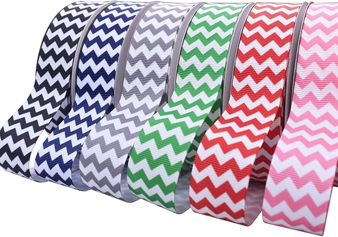 Chevron Printed Grosgrain Ribbon 1 Inch Fabric Ribbon Set Multi Color for Gift Wrapping Holiday Wedding Party Decoration Hair Bow Accessories DIY Crafts Baby Shower 30 Yards