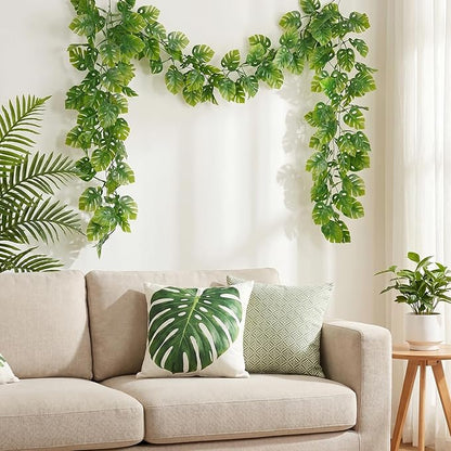 8Pcs Artificial Tropical Leaves Garland, 5.9FT Fake Monstera Leaves Vines Hanging Plant Ivy Faux Palm Leaf Greenery Garland for Garden Porch Patio Jungle Beach Birthday Party Indoor Outdoor