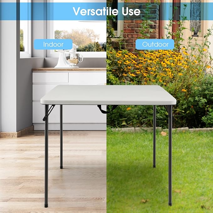 Goplus 34" Square Folding Card Table, Portable Plastic Utility Folding Tables with Collapsible Legs & Carrying Handle, Indoor Outdoor for Picnic, Party, Dining, Camping, BBQ, White