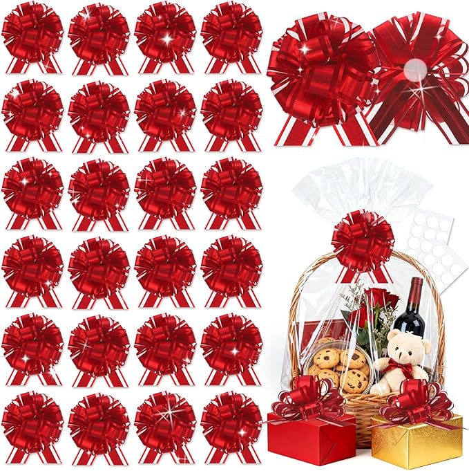 24pcs Red Pull Bow for Gift Basket Wrapping Xmas Gift Bows Presents Adhesive Wrap Ribbon Bow for Christmas Tree Bottles Bouquet Flower Valentine's Day Party Decor (Red-G)