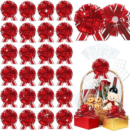 24pcs Red Pull Bow for Gift Basket Wrapping Xmas Gift Bows Presents Adhesive Wrap Ribbon Bow for Christmas Tree Bottles Bouquet Flower Valentine's Day Party Decor (Red-G)