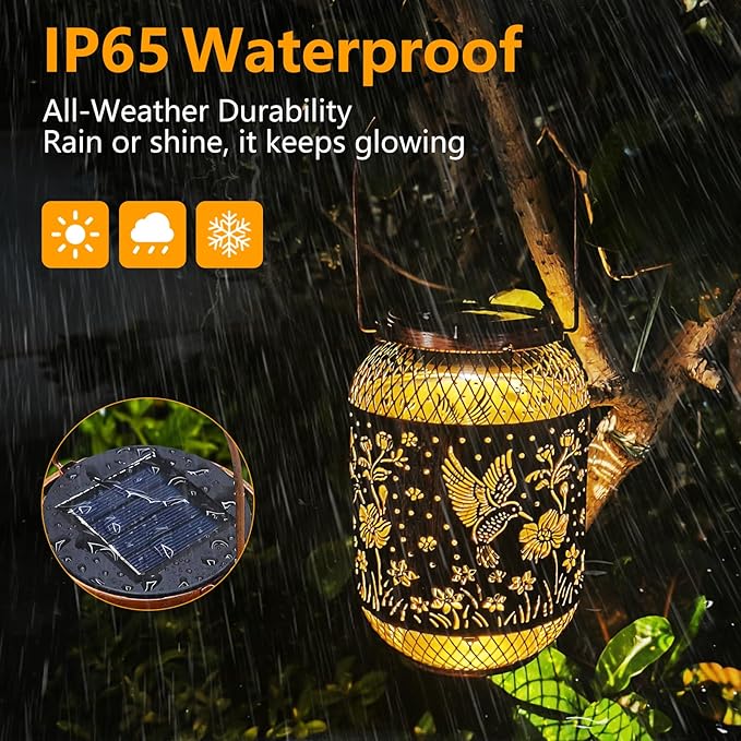 HUMIIEYE Solar Lantern Outdoor Hummingbird Garden Decor, IP65 Waterproof Hanging Solar Powered Lights Birthdays Gifts for Women Mom, Metal Decorative Light for Patio Yard Lawn Porch Backyard Christmas