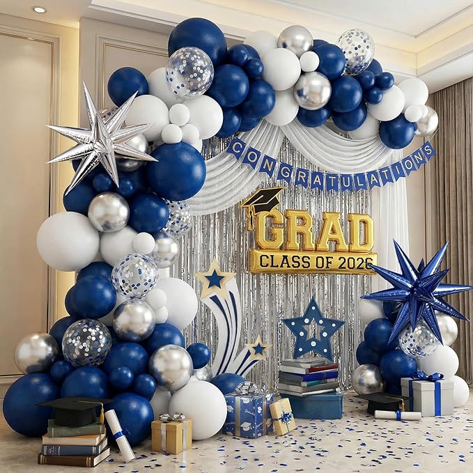 Tesochye 152 pcs Blue White Silver Balloon Garland Arch Kit,Navy Blue Silver Confetti Balloons with Exploding Star Balloons for Graduation Class of 2026 Birthday Wedding Retirement Party Decorations