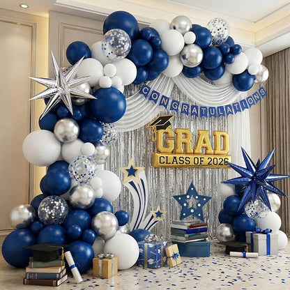 Tesochye 152 pcs Blue White Silver Balloon Garland Arch Kit,Navy Blue Silver Confetti Balloons with Exploding Star Balloons for Graduation Class of 2026 Birthday Wedding Retirement Party Decorations