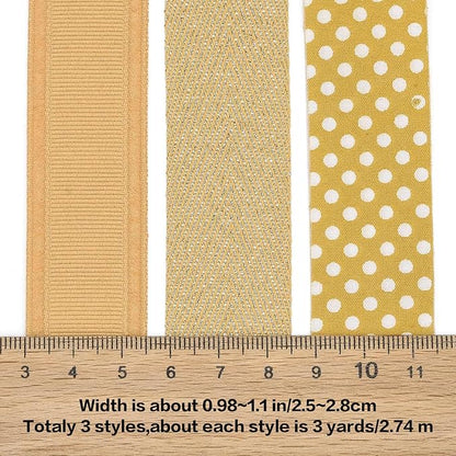 BEEFLYING 3 Styles Ginger Wire Edged Ribbons for Gift Wrapping, 25~28mm×2.7m Herrinbone Ribbons Spot Ribbons for Wedding Party Decoration Hair Bows Flower Designs Sewing and Craft, 9 Yards