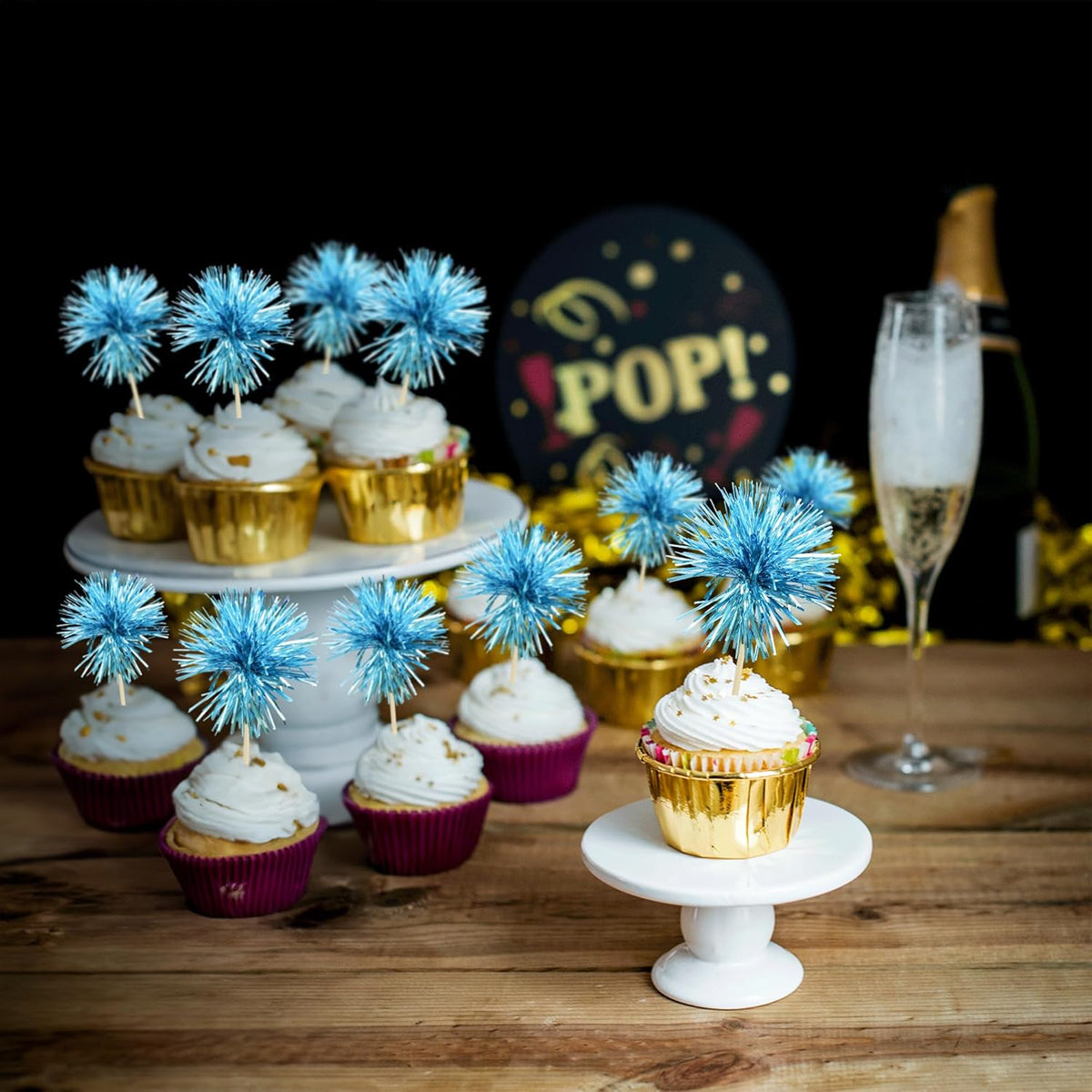 Gyufise 30Pcs Foil Firework Cupcake Toppers Sparkle Tinsel Cake Toppers Tinsel Drink Cake Decoration Cocktail Picks for Birthday Wedding Graduation Party Supplies Lake Blue