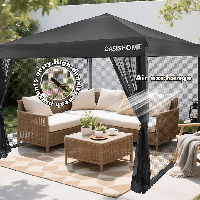 OASISHOME 10'x10' Pop-Up Gazebo Canopy Tent with Netting Sidewall & Wheeled Bag,Weight Bag, Stakes, Ropes, Waterproof, UV Protection, Heavy-Duty Steel Frame for Backyard/Outdoor/Parties (Black,10x10)