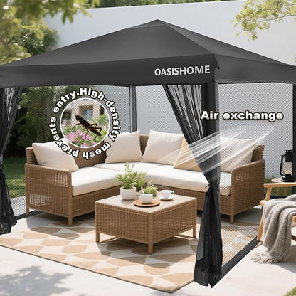 OASISHOME 10'x10' Pop-Up Gazebo Canopy Tent with Netting Sidewall & Wheeled Bag,Weight Bag, Stakes, Ropes, Waterproof, UV Protection, Heavy-Duty Steel Frame for Backyard/Outdoor/Parties (Black,10x10)