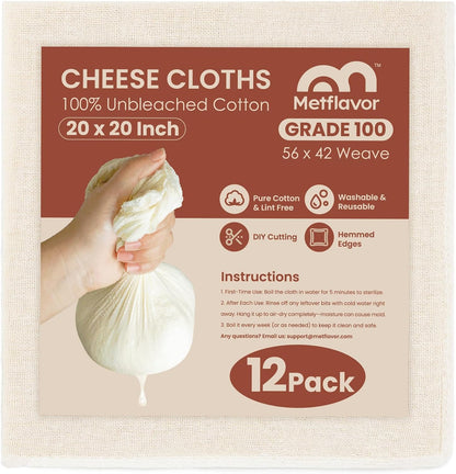 20Pcs Reusable Cheesecloth for Straining 20x20 Inch,100 Grade Cheese Cloths Hemmed Edges, 100% Unbleached Cotton Cheese Cloth