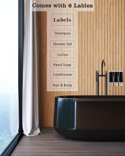 RANKADO Luxury Shower Soap Dispenser Bathroom with Tray,Drill Free Shampoo and Conditioner Dispenser with Mounting Tapes,Shower Soap Dispenser with Labels,Shampoo Dispenser for Shower Wall (Gold)