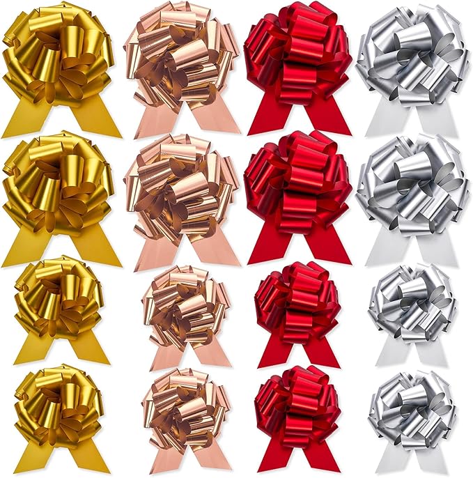 UNIQOOO Assorted Gift Wrap Pull Bow Set of 48, Medium 4'' Large 6'', Bulk for Gift Wrapping Basket Box Bag Décor, Valentines Day Wedding Birthday Christmas Anniversary, Metallic Rose Gold Red Sliver