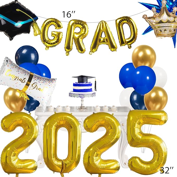 Blue Themed Graduation Balloon Garland Arch Kit with foil Balloons for High School College students graduate class of 2025 Prom Congrats Party Decorations Backdrop (Blue white gold)