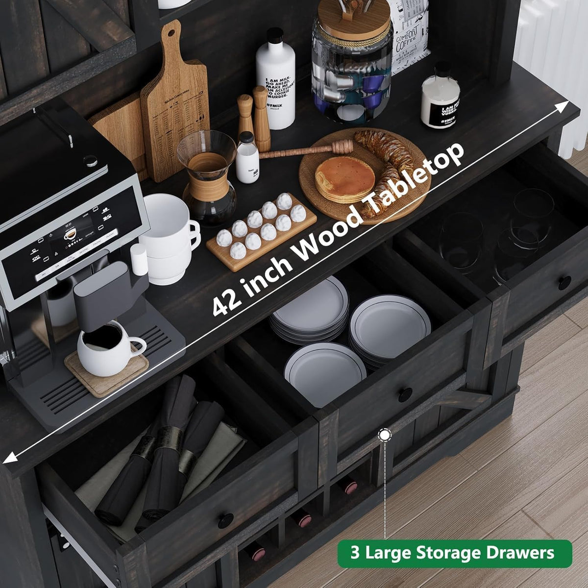 4 Ever Winner 72" Coffee Bar Cabinet with Sliding Barn Door & Wine Racks, Hutch Cabinet with Storage and 3 Drawers