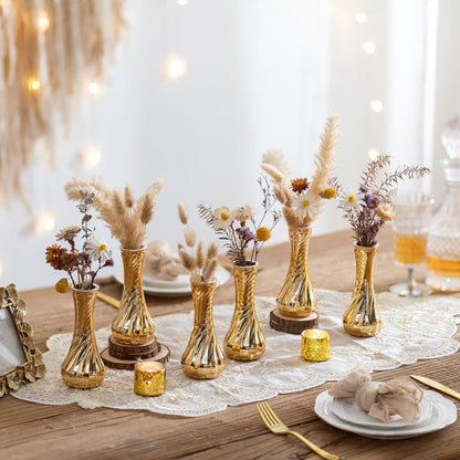NUPTIO Glass Bud Vase Gold: 6 Pcs Small Flower Vases for Wedding Party Table Centrepiece - Vintage Ribbed Vase for Home Birthday Reception Decorations