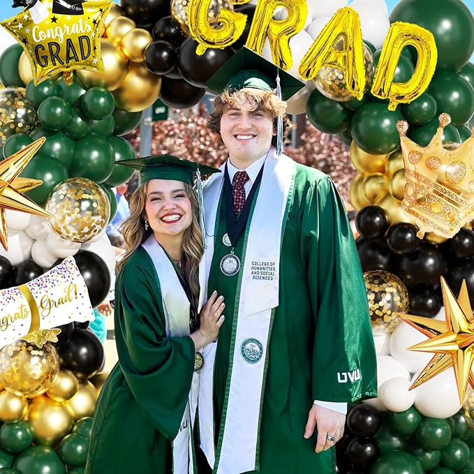 Graduation Balloon Arch Garland Kit Green Gold Black White Graduation Decorations 2026 for College High School Class of 2026 Grad Party Prom Decor