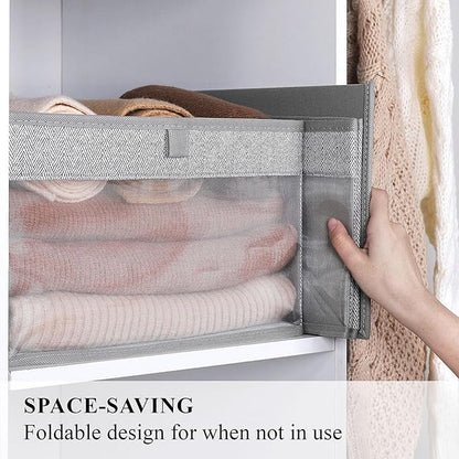 WUIKE Closet Storage Bins, Large Fabric Storage Baskets with Clear Window, Foldable Organizer for Clothes, Shelves, Herringbone Gray, 3 Pack