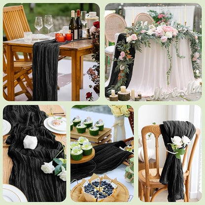 Asee'm 2pcs Cheesecloth Table Runner 120 Inches Long Black Boho Gauze Cheese Cloth Runner 10FT Rustic Sheer Table Runners for Valentine's Day Wedding Party Baby Shower Spring Easter Decoration