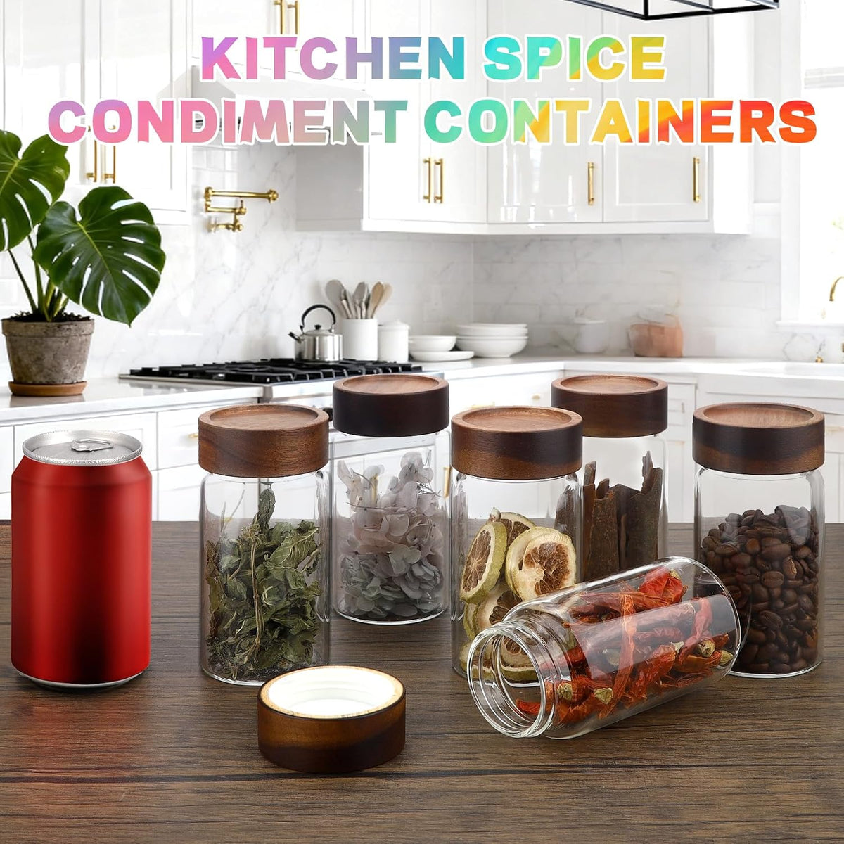 8 oz Small Glass Spice Jars with Airtight Wood Acacia Lid 4 PCS,Clear Coffee Ground Storage Canister Round Glass Spice Jar for Pantry Sugar Tea Bean Nuts Cookies Salts Seasoning