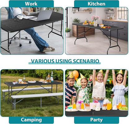 SUPER DEAL 6FT Folding Table for Indoor Outdoor, Portable Heavy Duty Fold-in-Half Plastic Dining Picnic Party Camping Table with Carrying Handle, Black