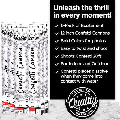 Blaise Pyro & Party White Confetti Poppers - Large Confetti Poppers for Weddings, Engangements, & Graduations - Water-Soluble & Easy Clean-Up - 6 Pack, 12 Inch