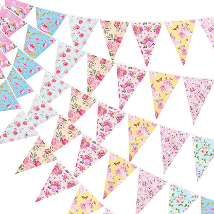 jijAcraft 4 Pack Tea Floral Party Bunting Banners - Pre-Strung Vintage Floral Triangle Pennant Banner, Wildflower Garland Tea Party Decorations for Spring Party Baby Shower Bridal Shower Mother's Day