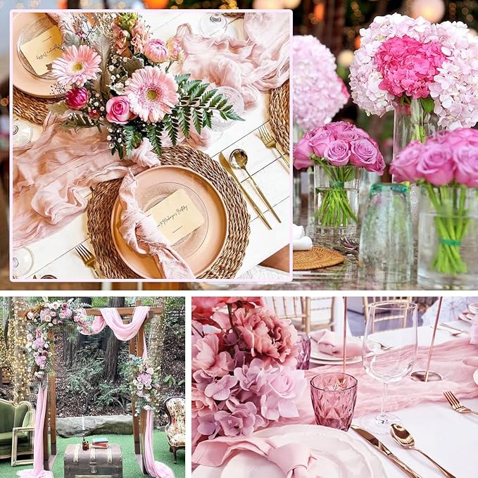 Pink Cheesecloth Table Runner 10FT Boho Rustic Sheer Cheese Cloth Table Runners 120 Inch Gauze Table Decorations for Wedding Bridal Baby Shower Birthday Party Home Decor
