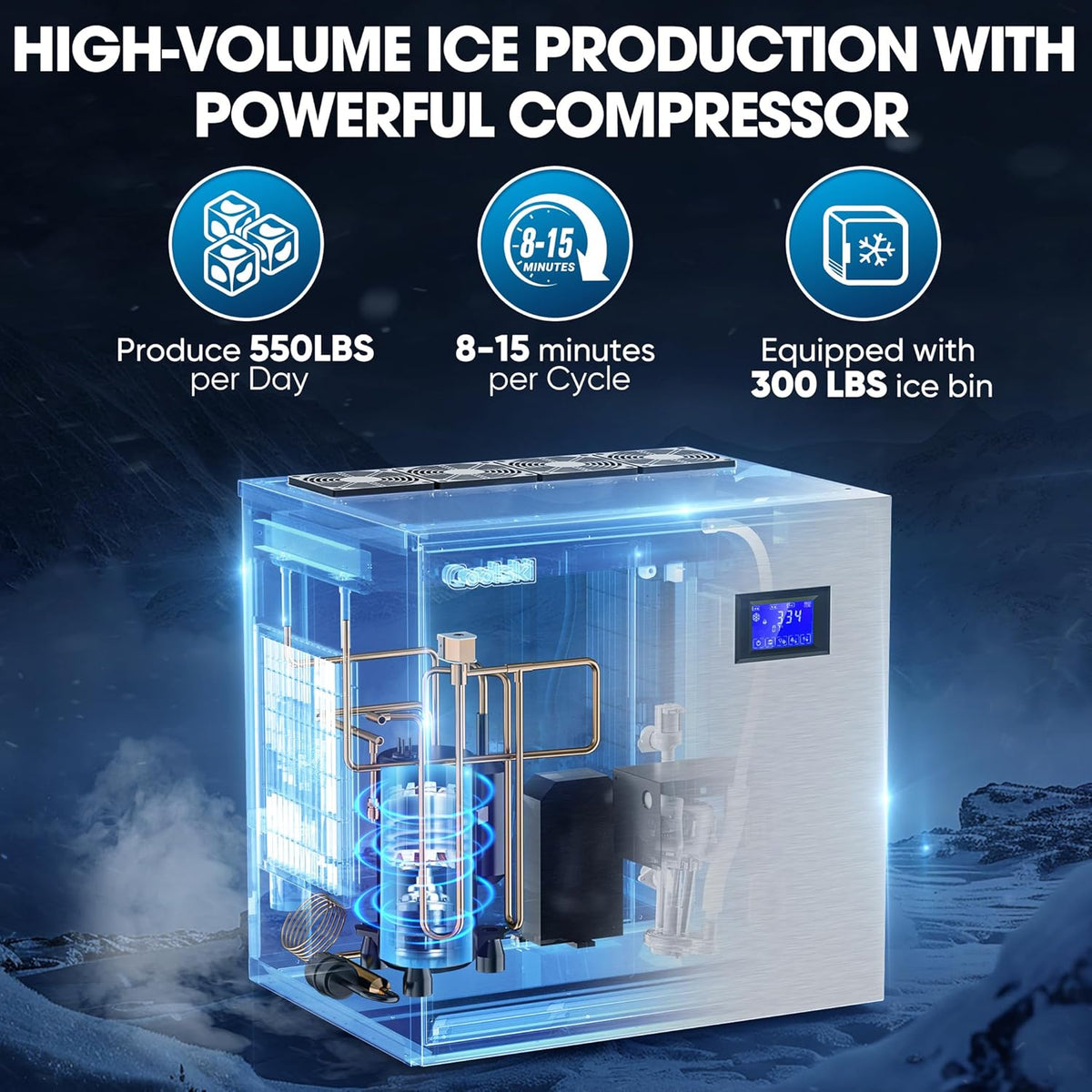 Commercial Ice Maker Machine 550LBS/Day, 22’’ Wide Industrial Ice Machine with Large Storage Bin, Ice Ready in 5-15 min, Ice Maker for Restaurant/Bars, Stainless Steel/ETL Approved