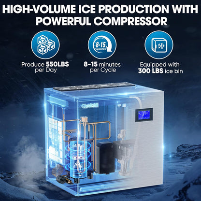 Commercial Ice Maker Machine 550LBS/Day, 22’’ Wide Industrial Ice Machine with Large Storage Bin, Ice Ready in 5-15 min, Ice Maker for Restaurant/Bars, Stainless Steel/ETL Approved