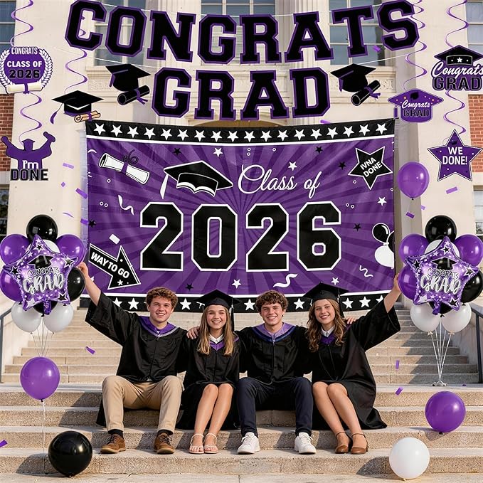Graduation Decorations 2026, Purple Black Graduation Party Decorations Set with Class of 2026 Backdrop Congrats Grad Banner 18inch Foil Grad Star Balloons Hanging Streamers Kit for High School College