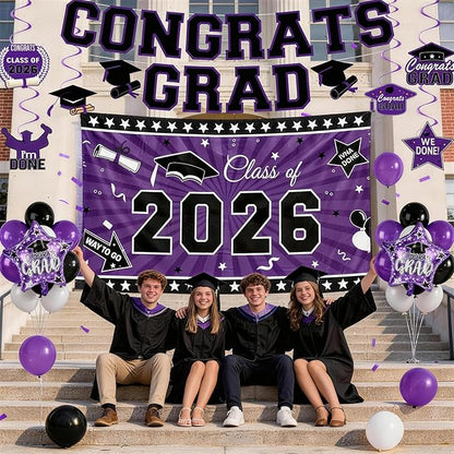 Graduation Decorations 2026, Purple Black Graduation Party Decorations Set with Class of 2026 Backdrop Congrats Grad Banner 18inch Foil Grad Star Balloons Hanging Streamers Kit for High School College