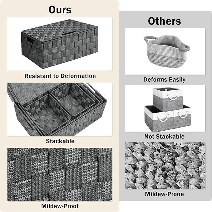Uvellgift Storage Bins with Lids, Woven Storage Box Organizer Containers Decorative Baskets Cube for Clothes Bedroom Closet Office (5 Pack, Grey)