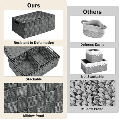 Uvellgift Storage Bins with Lids, Woven Storage Box Organizer Containers Decorative Baskets Cube for Clothes Bedroom Closet Office (5 Pack, Grey)
