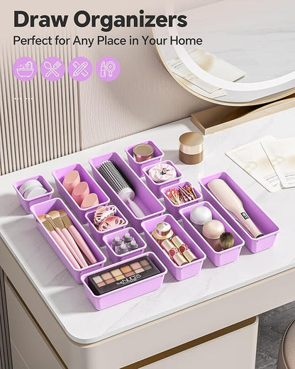Canfanni 13 Pack Plastic Drawer Organizers Set, 3 Sizes Desk Drawer Organizer Trays for Vanity and Makeup Organizer, Organization and Storage for Makeup, Kitchen Utensils, Bathroom and Office(Purple)