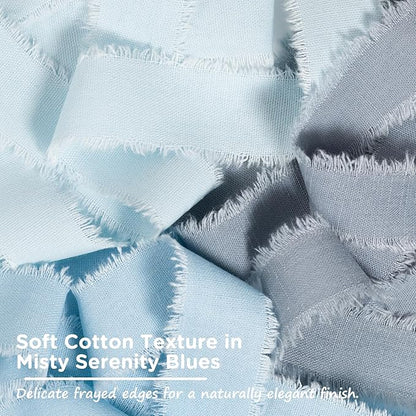 Blue Cotton Ribbon 1 Inch Dusty Blue, Baby Blue & Ice Blue 3 Rolls 21 Yards Frayed Edge Fabric Set for Baby Shower, Nursery Decor, Wedding Invitations, Gift Wrapping & DIY Crafts
