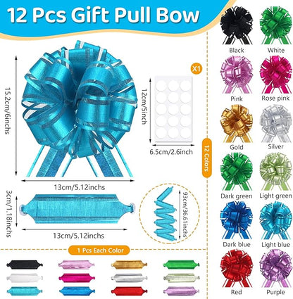 OULOVECO 12 pcs Pull Bow Ribbon for Gift Baskets Warpping Xmas Gift Bow Party Adhesive Bright Mix Colors Warp Bows for Christmas Wine Bottles Bouquet Boxes Flower Valentine's Day (12Pcs-Mix colors)
