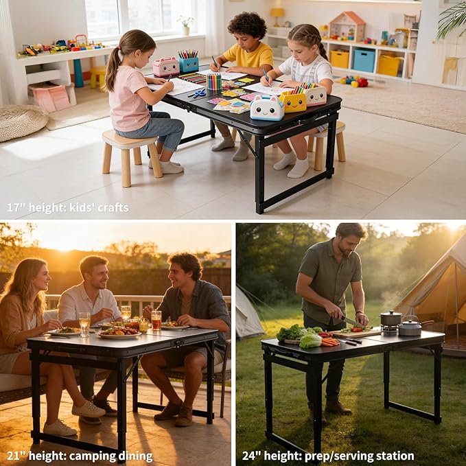 3.3FT x 2FT Folding Camping Table with Aluminum Alloy Legs, Adjustable Height Portable Outdoor Picnic Table for Camping, Travel, Parties, Kids Crafts, and Market Vendor Use