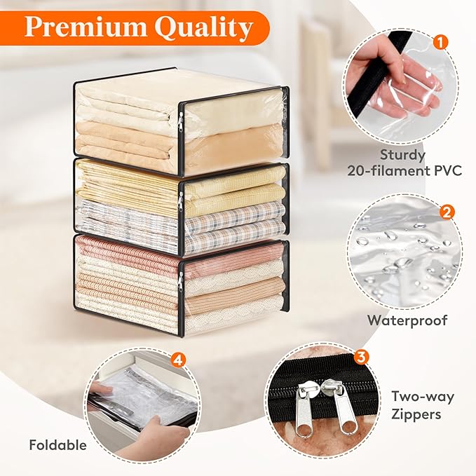 Lifewit 36L Clear Sheet Storage Bags with Zipper 3 Pack, Plastic Sweater Storage Bins for Clothing, Vinyl Foldable Clothes Containers Organizers for Closet, Blankets, Bedding 17.7 x 15.7 x 7.9 Inch