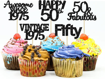 Gyufise 30Pcs Vintage 1975 Cupcake Toppers 50th Birthday Cake Decorations Cheers to 50 Fabulous Fifty Cupcake Picks 50th Birthday Wedding Anniversary