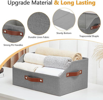 Bagnizer Closet Organizers and Storage, Linen Trapezoid Storage Bins with Handles, Collapsible Shelf Organizer for Blanket, Towel, Clothes, Hats, Purse (Gray)