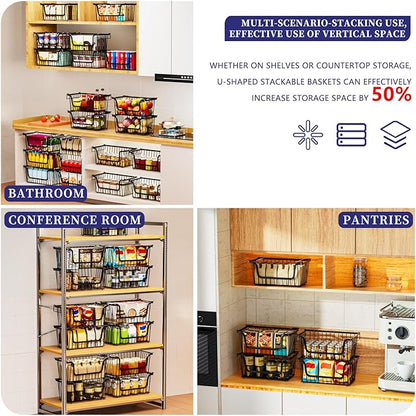 5 Pack Enhanced Leak-Proof Bottom Stackable Wire Baskets, Pantry Organizers and Storage, pantry storage，Shelf Baskets, Fruit Basket, Potato and Onion Storage Bins，(Black)