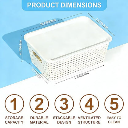 6-Pack Stackable Plastic Woven Storage Baskets with Lids, Hollow Out Weave Bins with Handles + 2 Kraft Labels (WhiteBasket+WhiteLid)