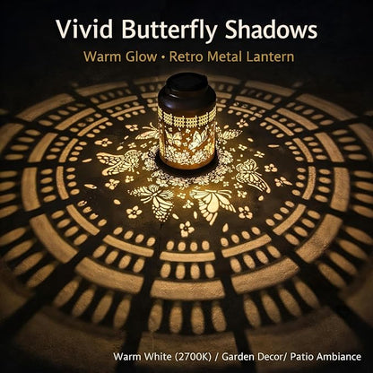 Solar Lanterns Outdoor Waterproof - Retro Metal Hanging Solar Lights with Butterfly Pattern on Bottom, Decorative Garden Decor for Outside Tree Porch Yard, Unique Birthday Gifts for Women Mom Grandma