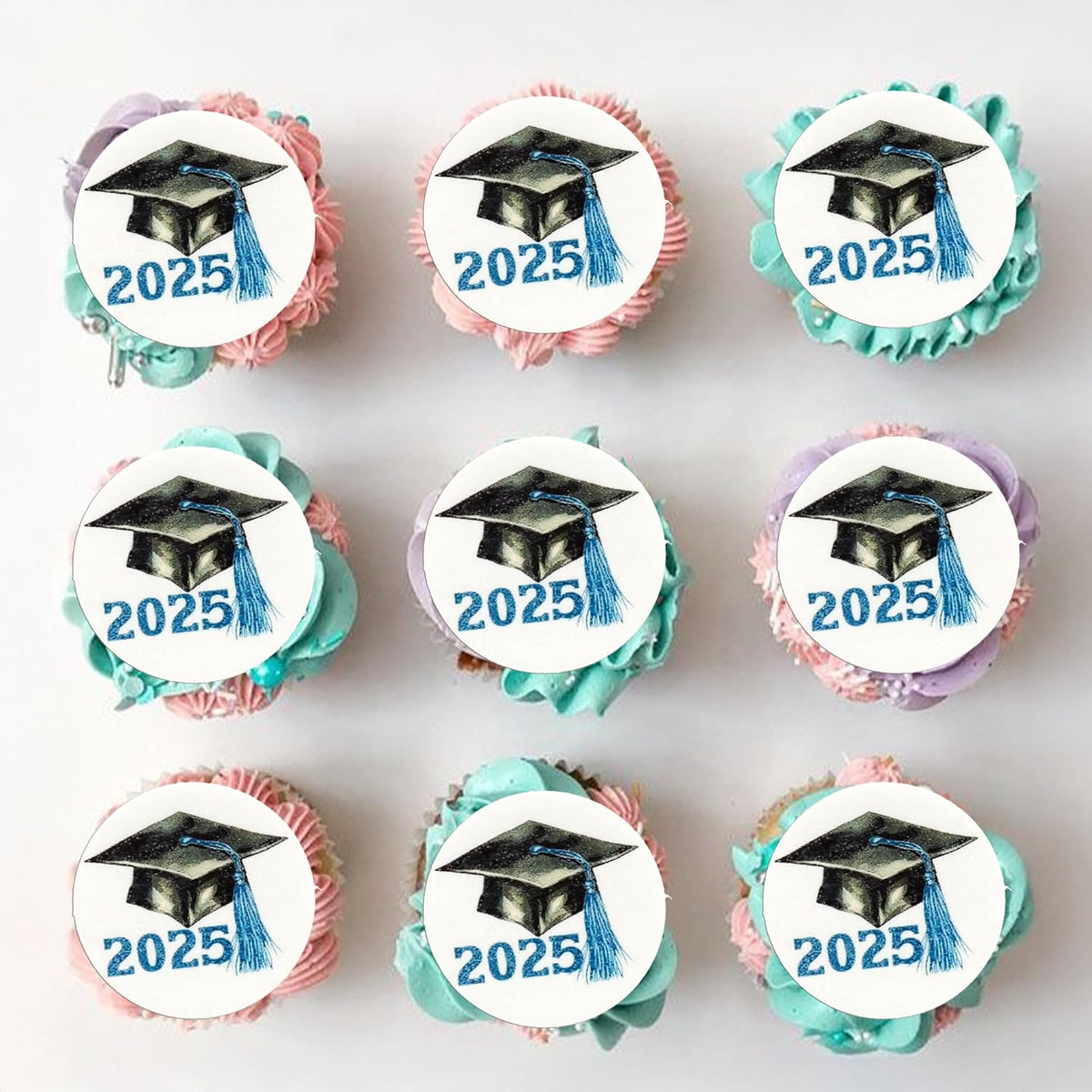 Gyufise 48Pcs Edible 2025 Graduation Cap Cupcake Toppers Wafer Paper Class of 2025 Grad Cap Cupcake Picks for 2025 Graduation Theme Party Cake