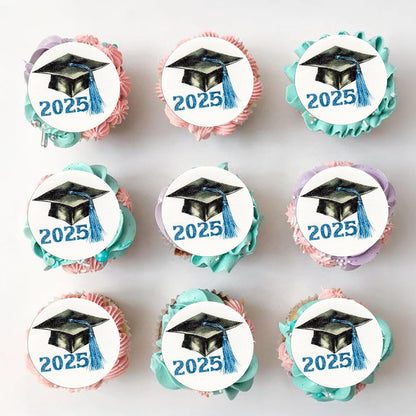 Gyufise 48Pcs Edible 2025 Graduation Cap Cupcake Toppers Wafer Paper Class of 2025 Grad Cap Cupcake Picks for 2025 Graduation Theme Party Cake
