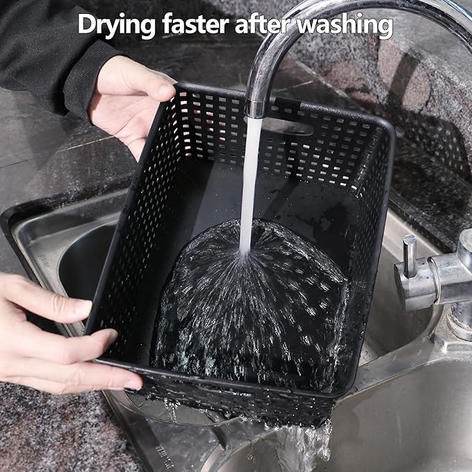 Plastic Weave Storage Basket, Woven Plastic Storage Baskets, Medium Black, 4 Packs