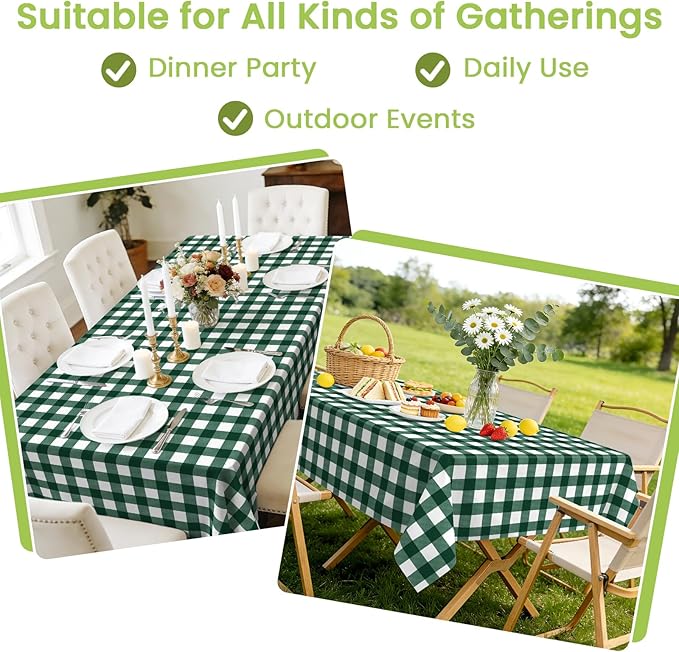 Mulbozy Dark Green Gingham Tablecloth 4 Pack, 54 x 108 Inch Plastic Table Cloth Disposable, Green and White Checkered Table Cover for Party Supplies
