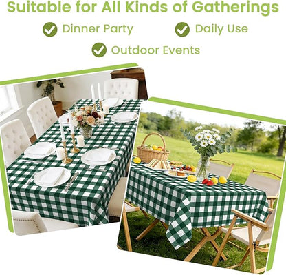 Mulbozy Dark Green Gingham Tablecloth 4 Pack, 54 x 108 Inch Plastic Table Cloth Disposable, Green and White Checkered Table Cover for Party Supplies