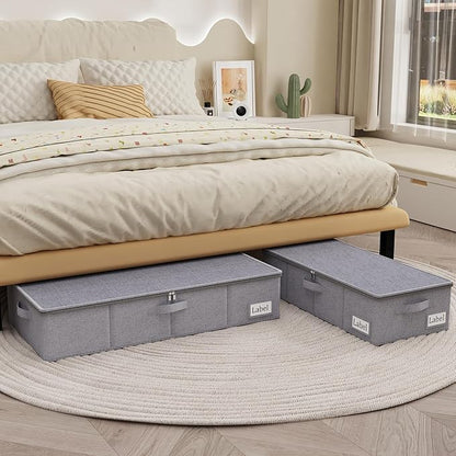 Yawinhe Foldable Underbed Storage Bags, Containers Bin with Lids, Large Under Bed Organizer Box, with Sturdy Zipper und Label Holders, for Clothing, 31.5''Lx15.7''Wx6''H, 4 Pack, Grey